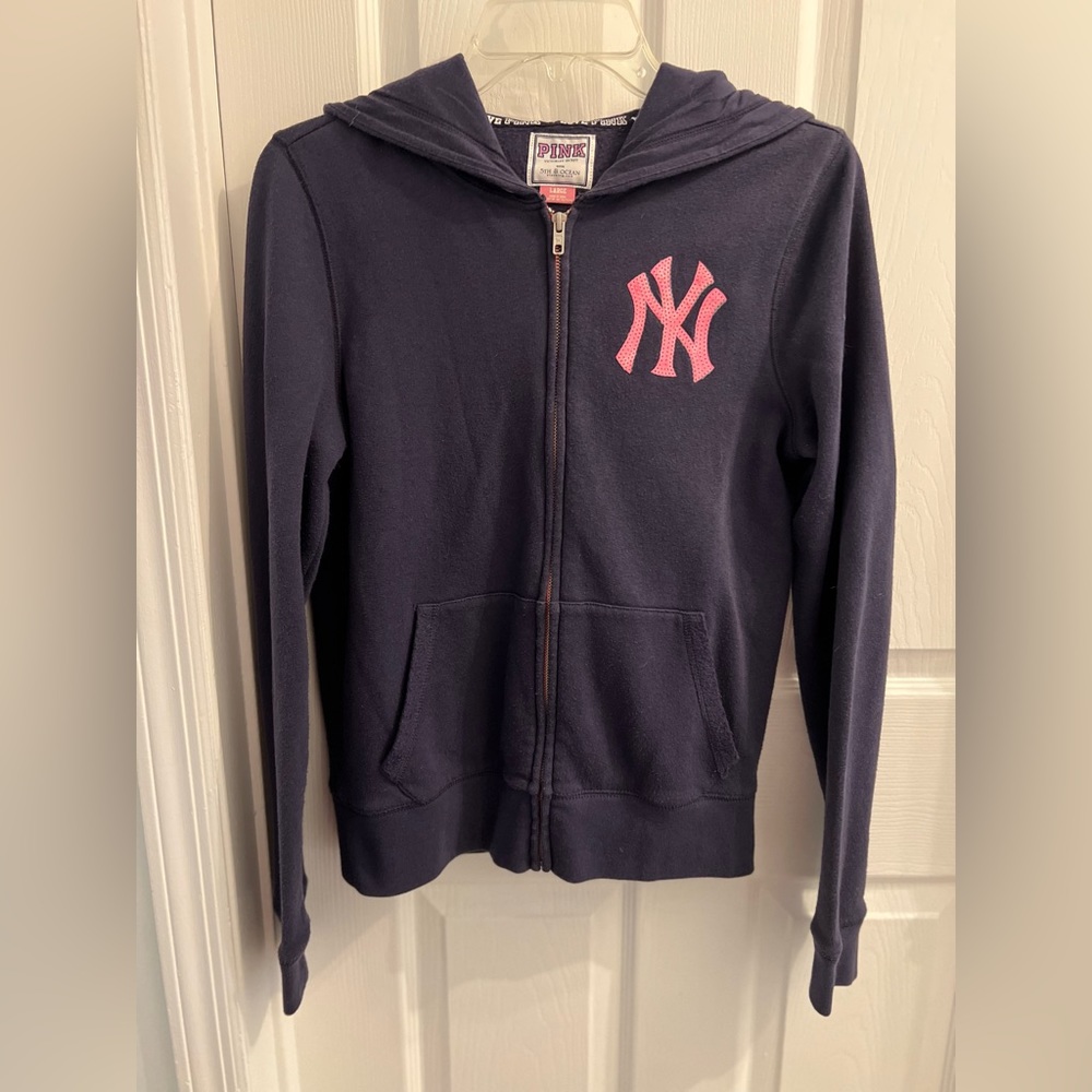 VS VICTORIA'S SECRET PINK NY YANKEES SWEAT SHIRT HOODIE SEQUIN BLING POCKETS L
